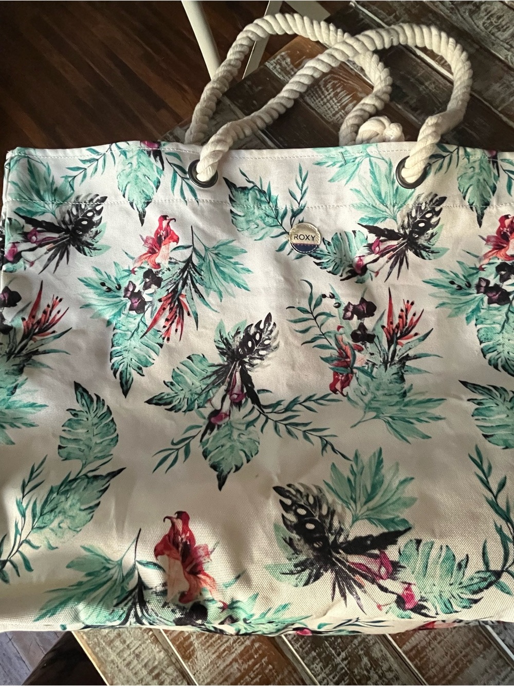 Roxy White Canvas Tote with Teal and Red Leaf Print